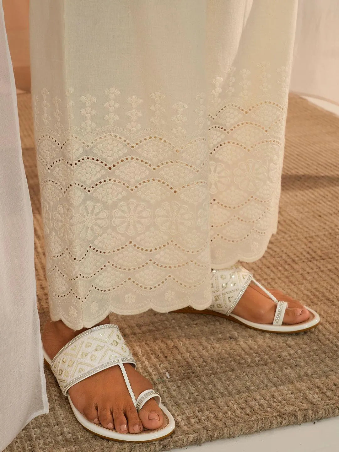 Off White Embroidered Cotton Wide Leg Palazzos - Libas 