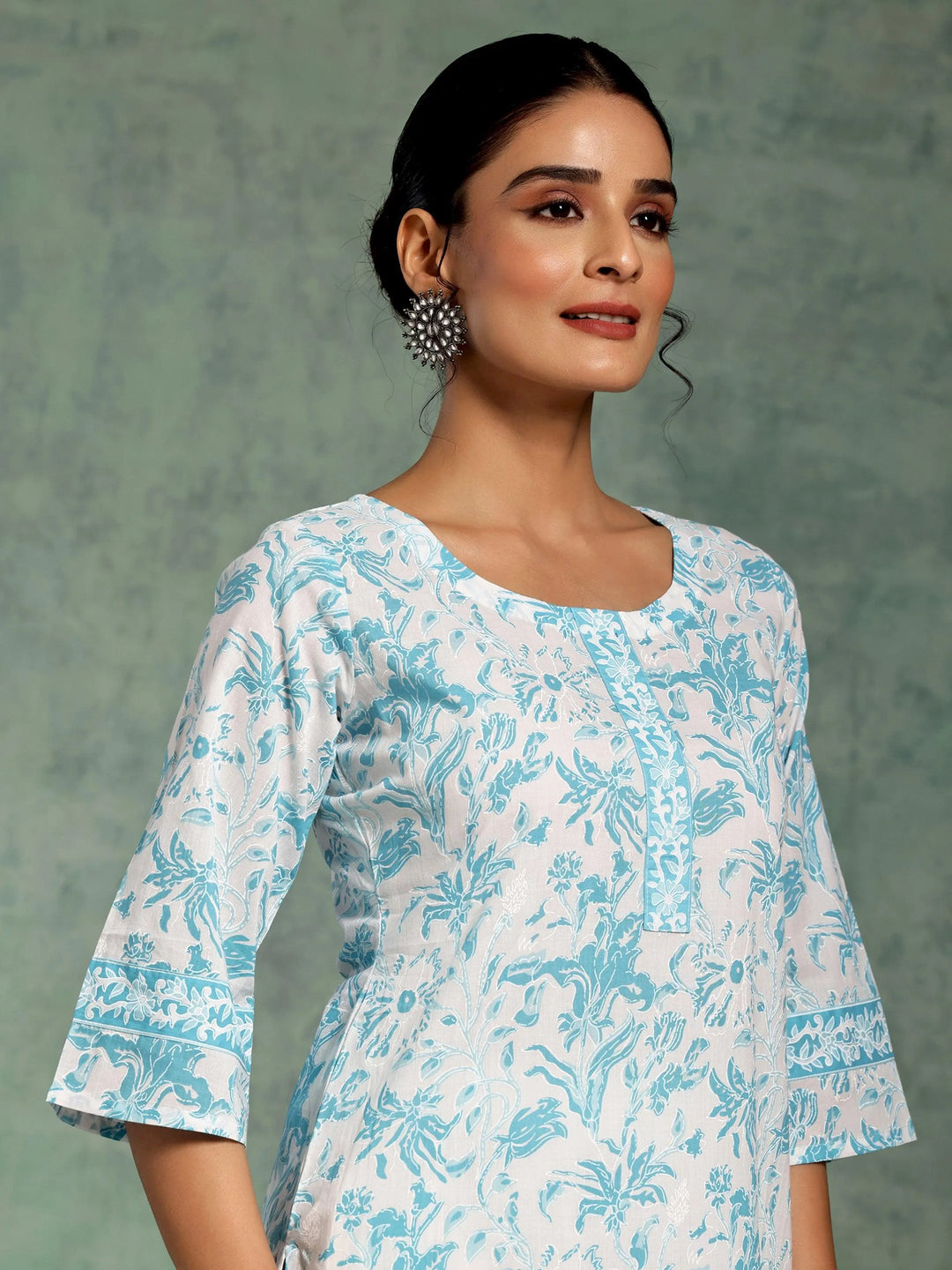 White Printed Cotton Straight Kurti - Libas 