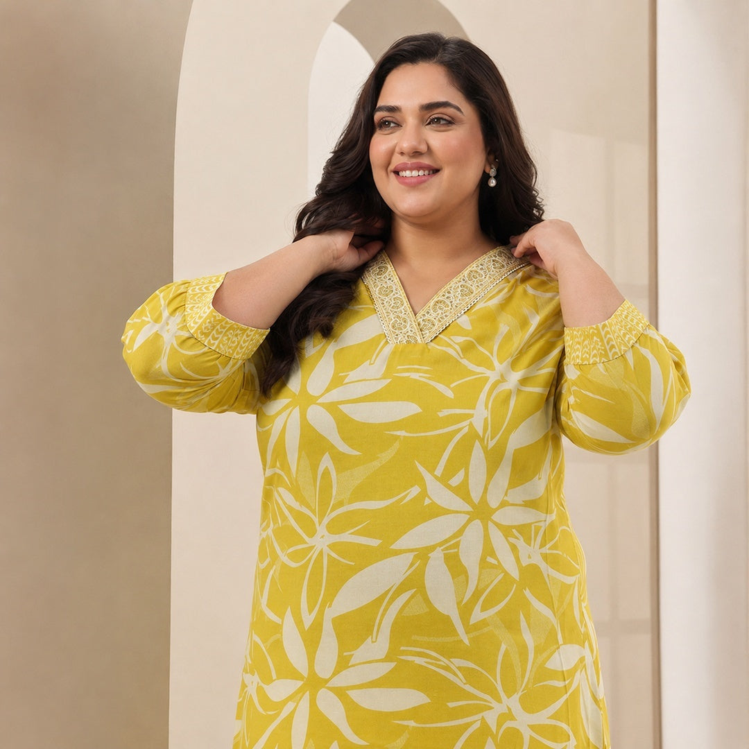  Plus Size Yellow Floral Printed Cotton Blend Straight Suit Set 