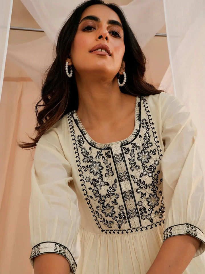 Off White Yoke Design Cotton A-Line Kurti - Libas