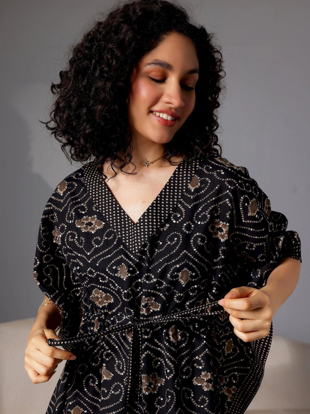 Black Printed Cotton Kaftan Night Dress - Libas