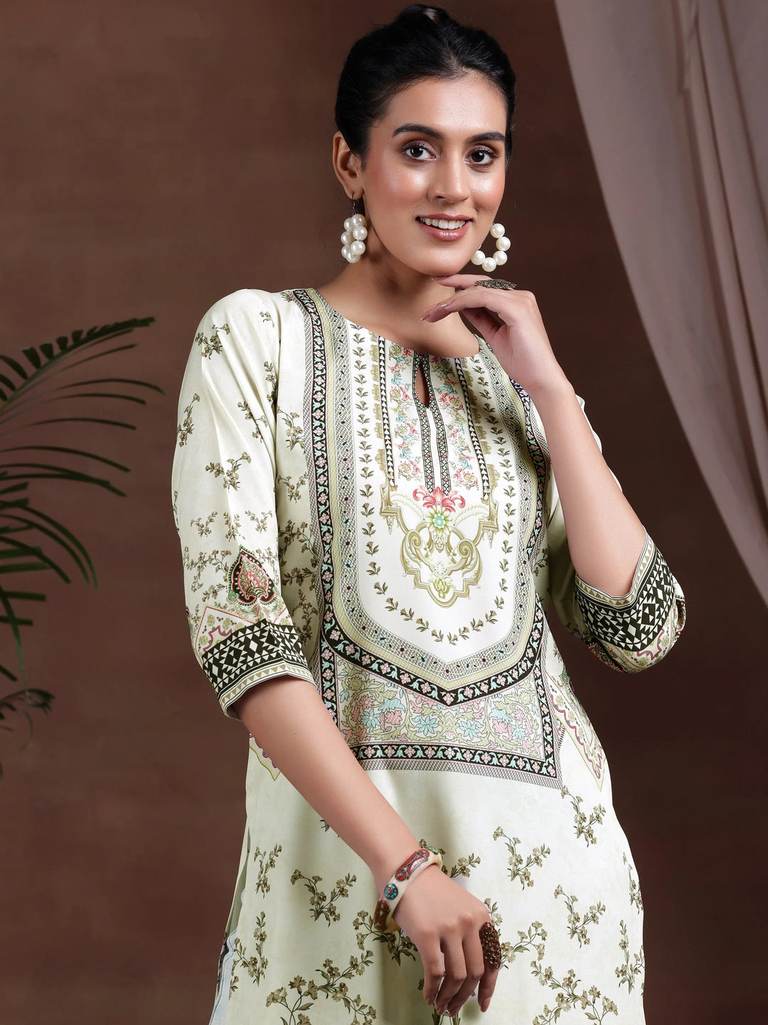  Beige Printed Crepe Straight Kurta 