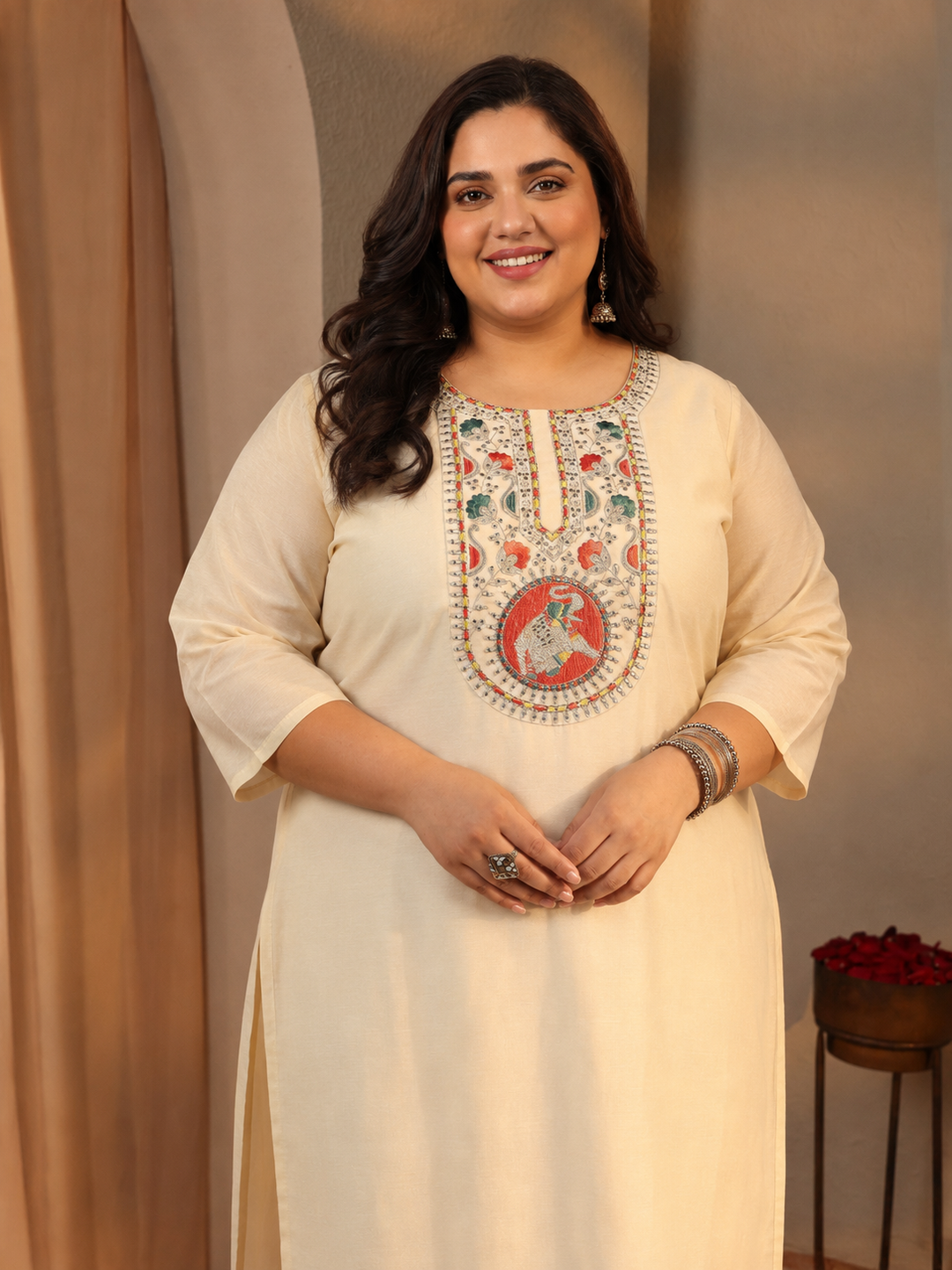  Plus Size Off White Ethnic Motif Printed Chanderi Silk Straight Suit Set 