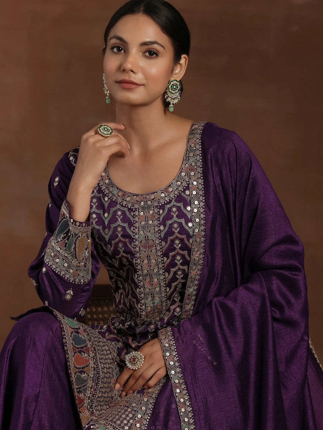 Purple Embroidered Silk Blend Straight Kurta With Palazzos & Dupatta - Libas 