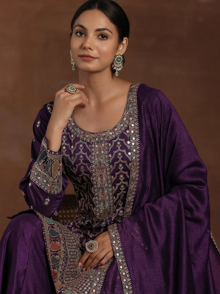 Purple Embroidered Silk Blend Straight Kurta With Palazzos & Dupatta - Libas