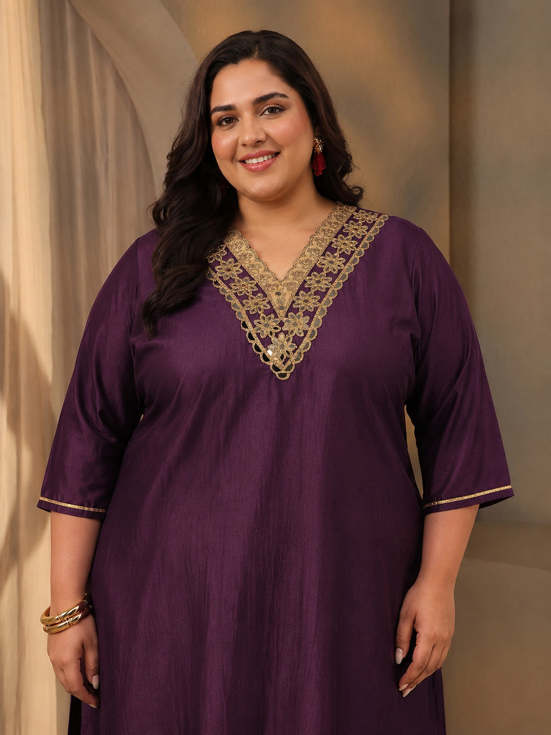 Plus Size Burgundy Yoke Design Silk Blend Straight Suit Set 