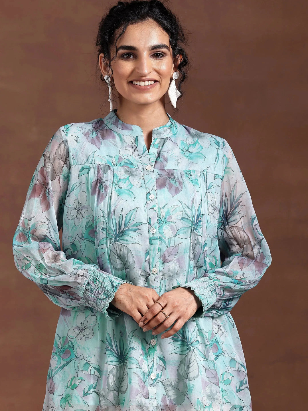  Blue Printed Chiffon A-Line Kurti 