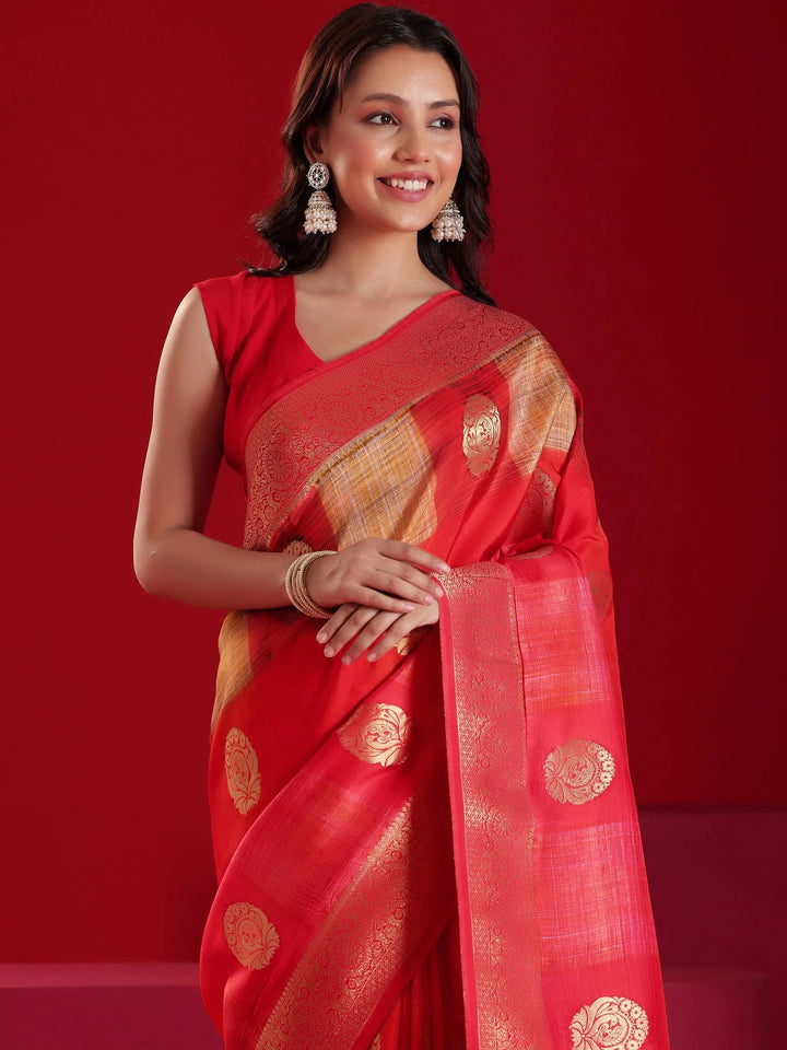 Libas Art Red Woven Design Satin Saree With Unstitched Blouse Piece - Libas