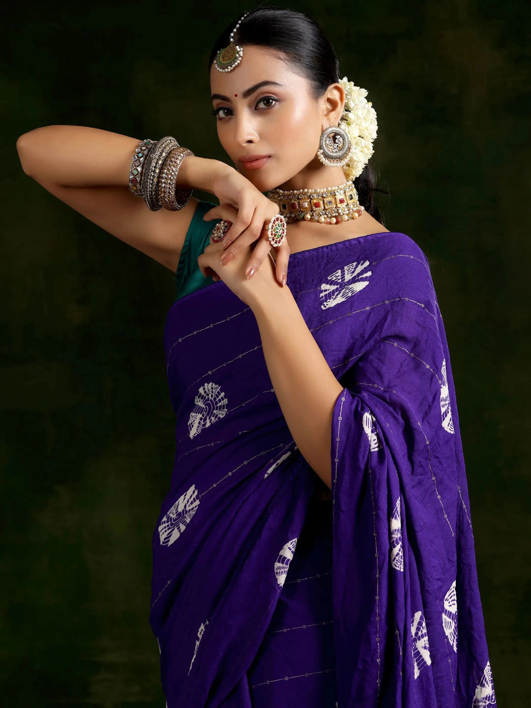  Purple Printed Poly Chiffon Saree With Unstitched Blouse Piece 