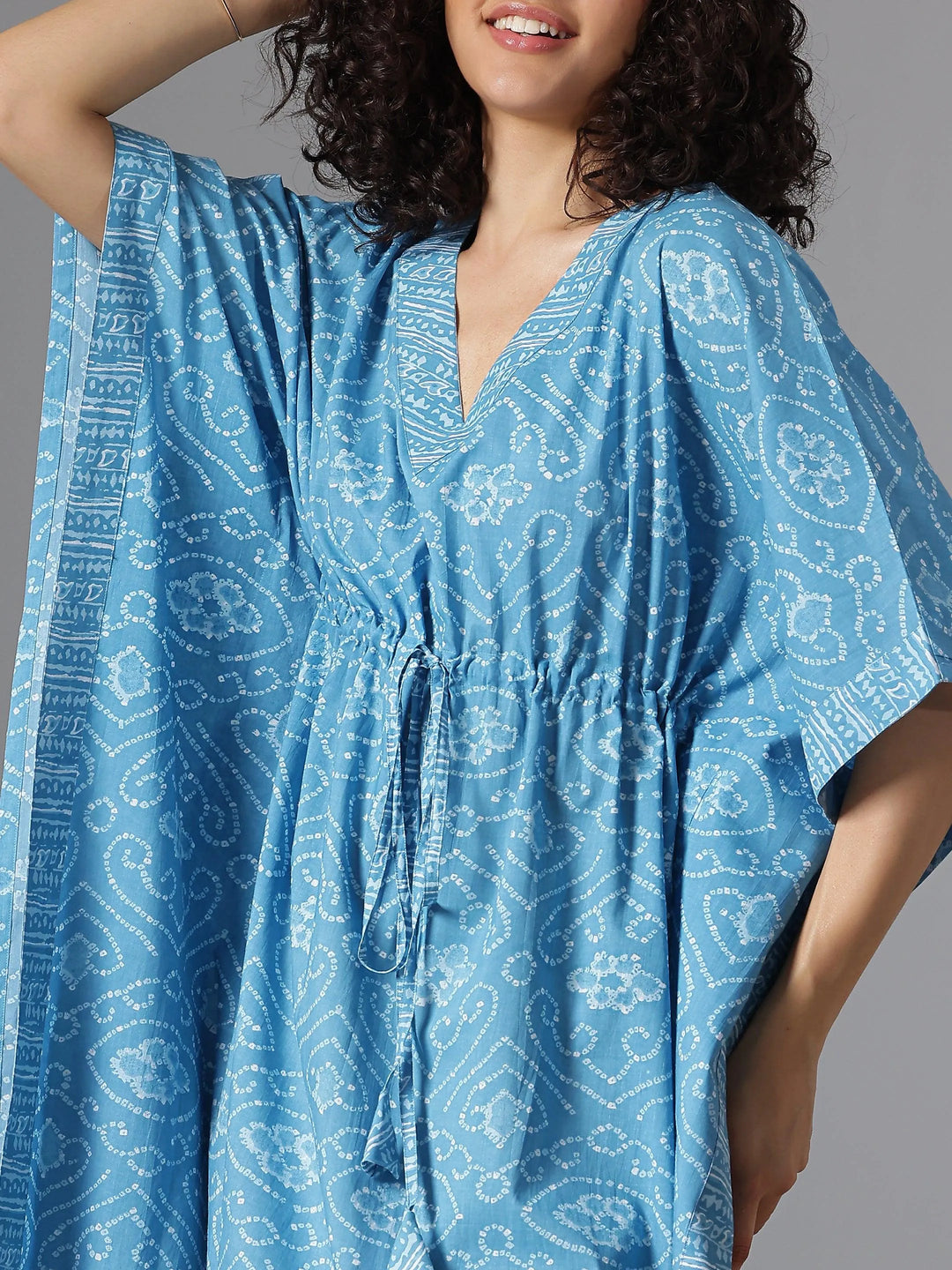 Blue Printed Cotton Kaftan Night Dress - Libas