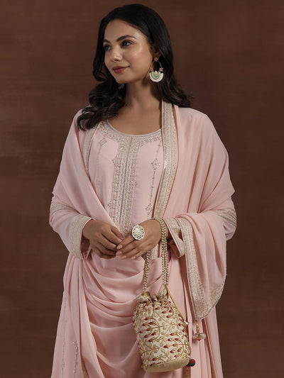 Peach Embroidered Georgette Straight Suit With Dupatta - Libas