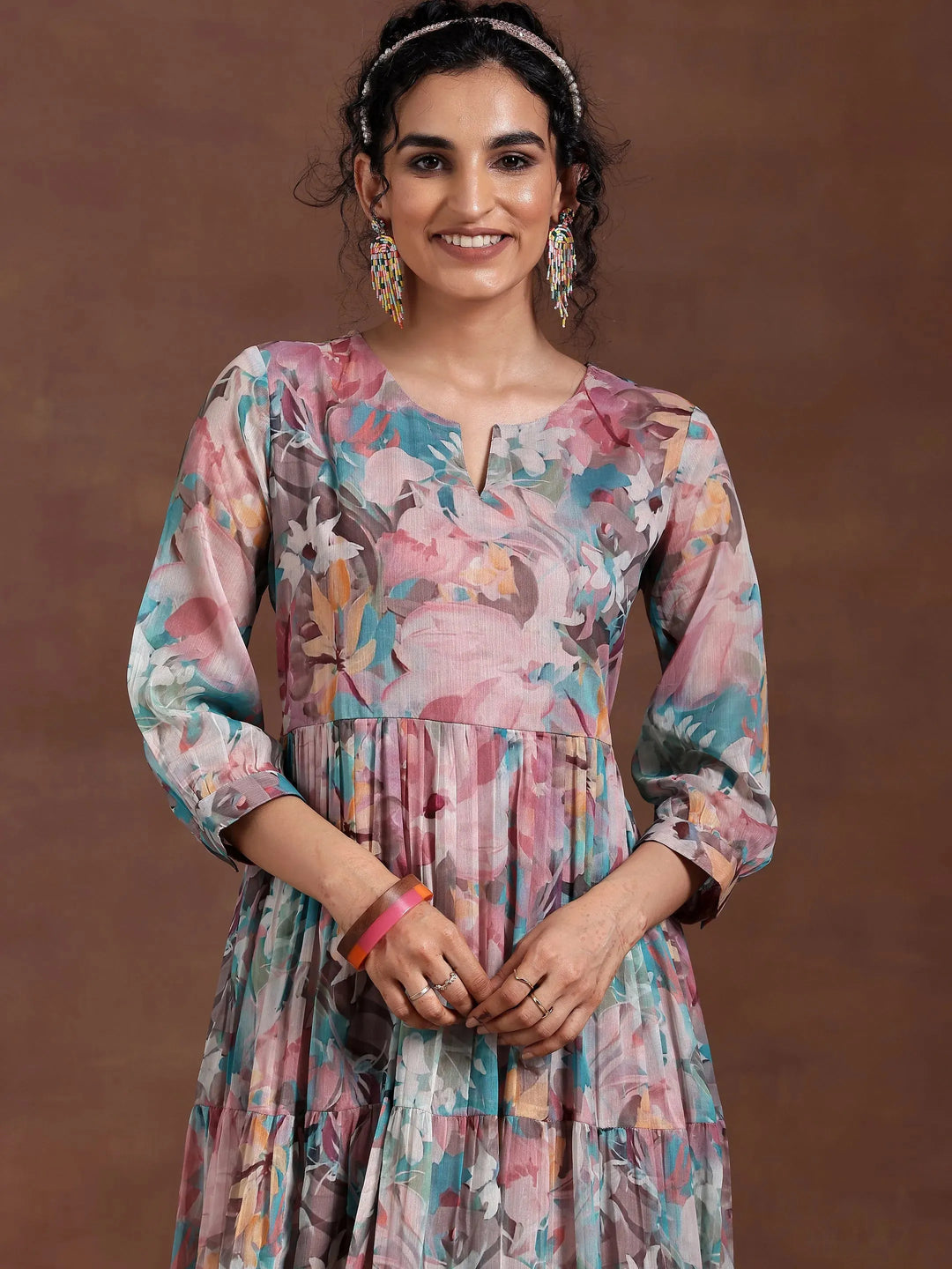  Mauve Printed Chiffon Fit and Flare Dress 