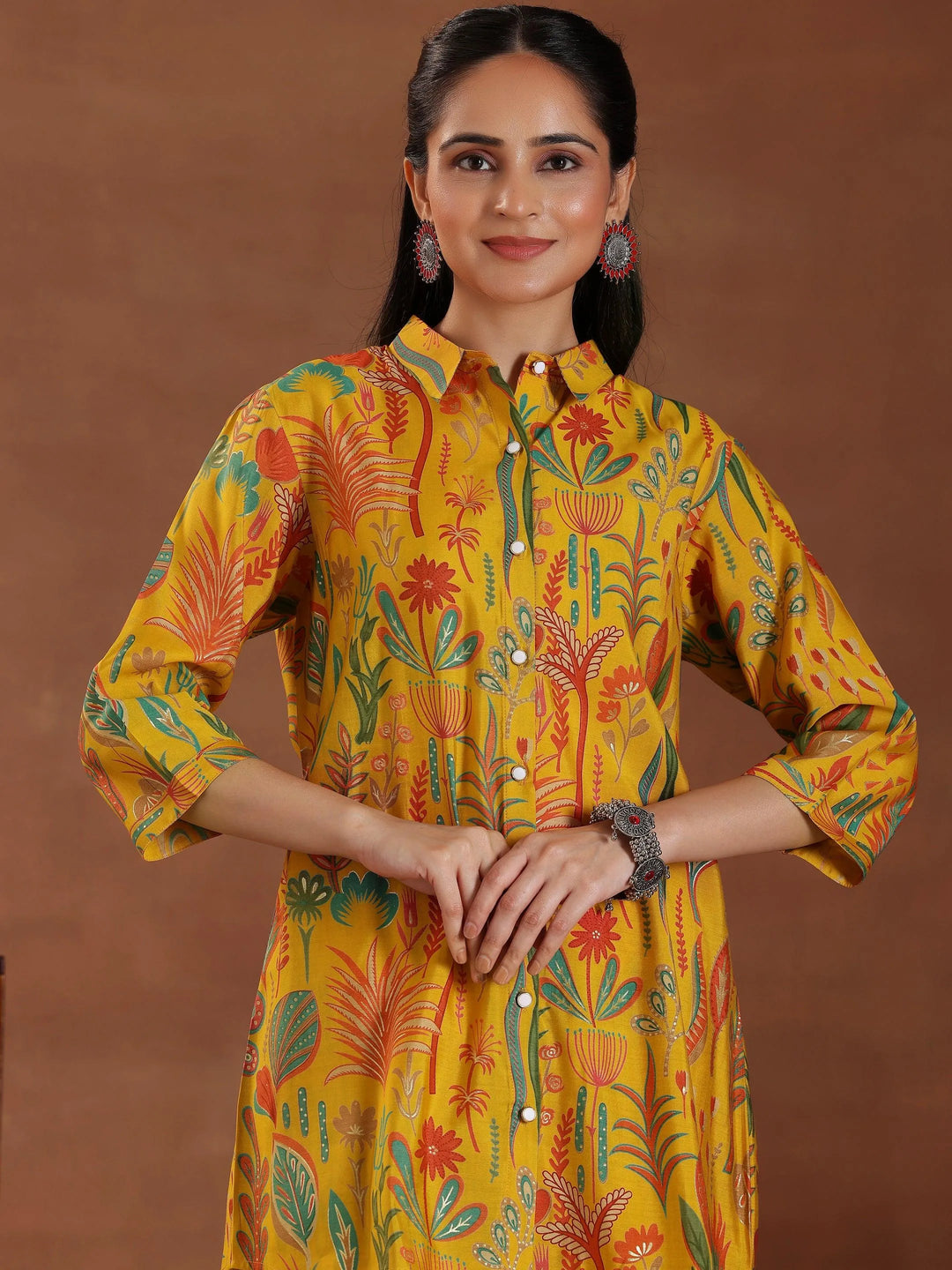 Yellow Printed Silk Blend Co-Ords - Libas 