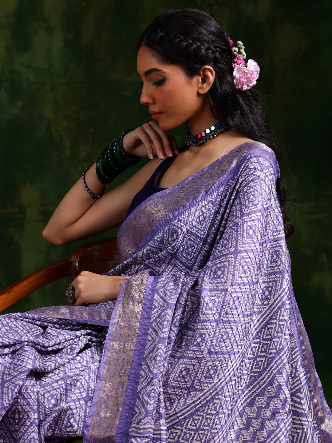 Lavender Printed Silk Blend Saree With Unstitched Blouse Piece - Libas 