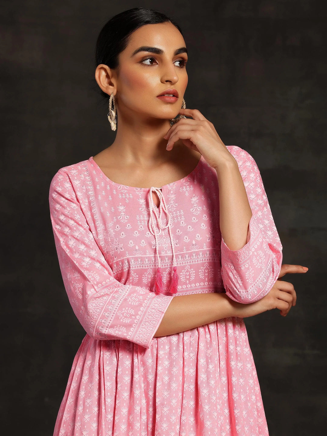 Pink Printed Cotton Fit and Flare Dress - Libas