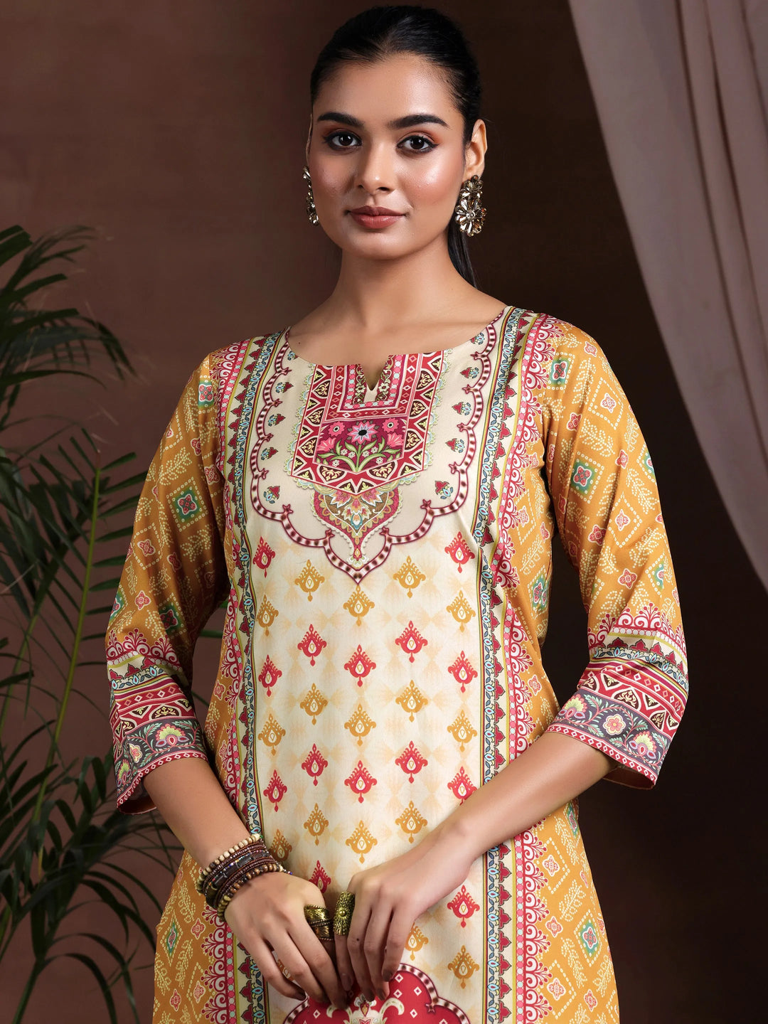  Mustard Printed Poly Crepe Straight Suit With Dupatta 