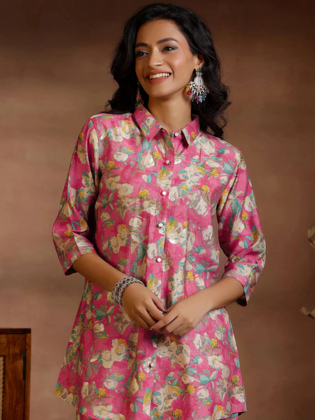  Pink Printed Silk Blend Co-Ords 