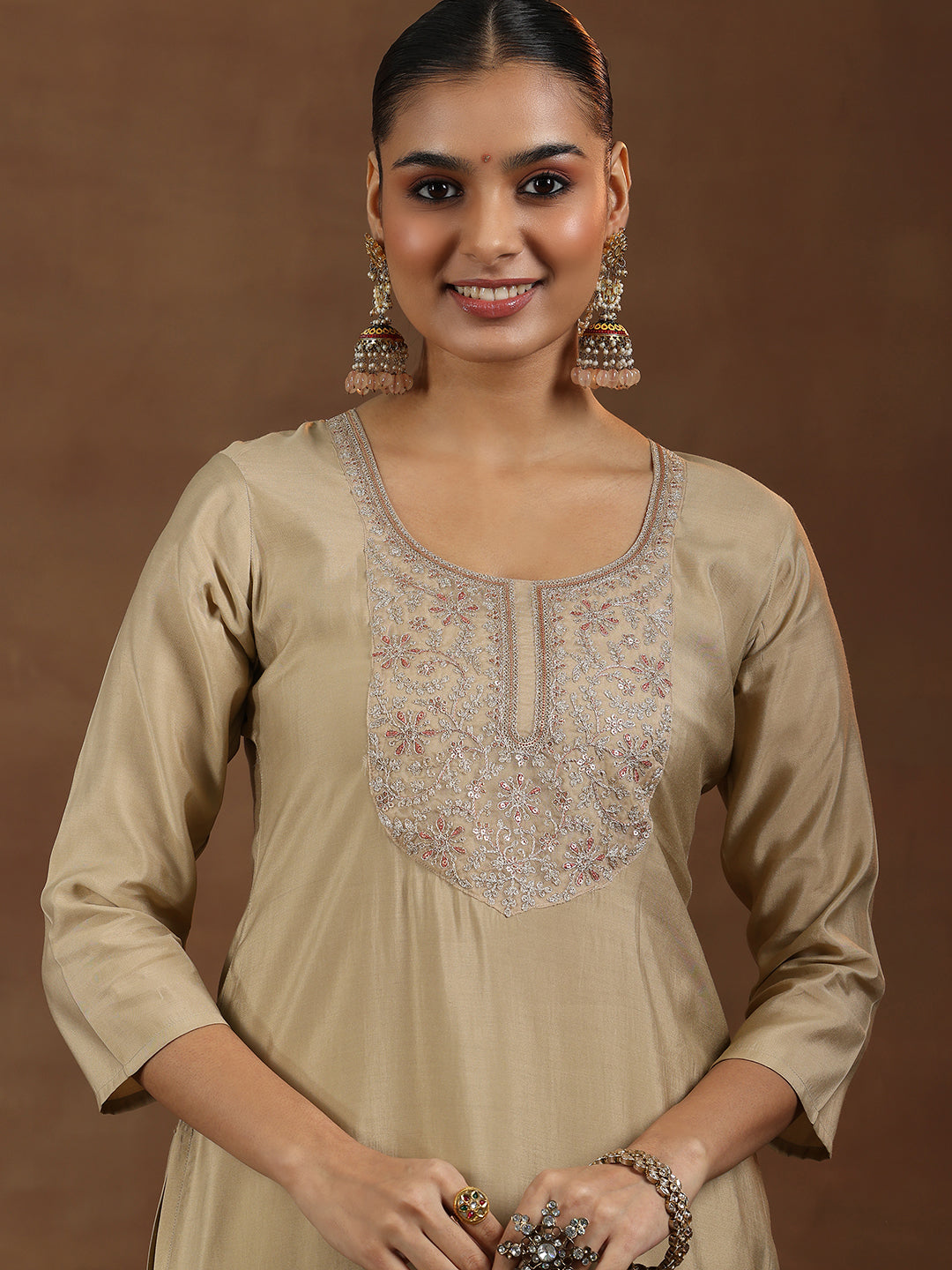  Beige Yoke Design Silk Blend Straight Suit With Dupatta 