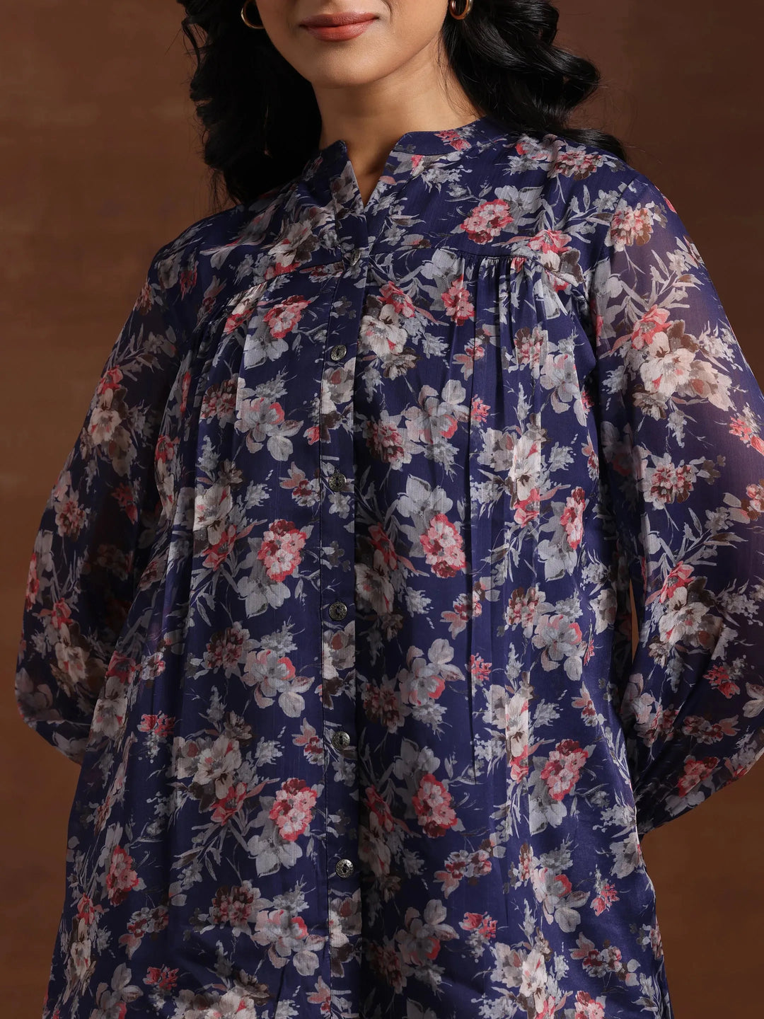  Blue Printed Poly Chiffon A-Line Kurti 