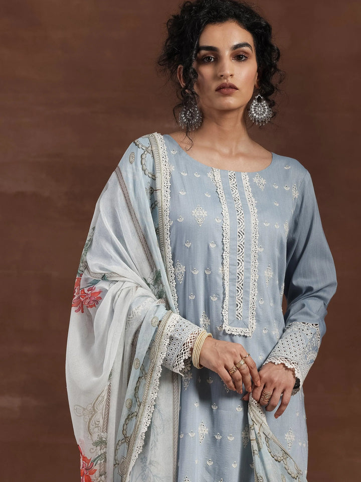 Blue Embroidered Silk Blend Straight Suit With Dupatta - Libas