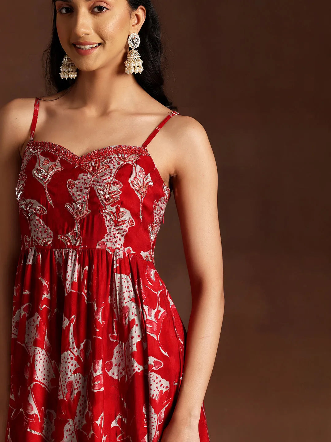  Red Printed Silk Blend Anarkali Suit With Dupatta 