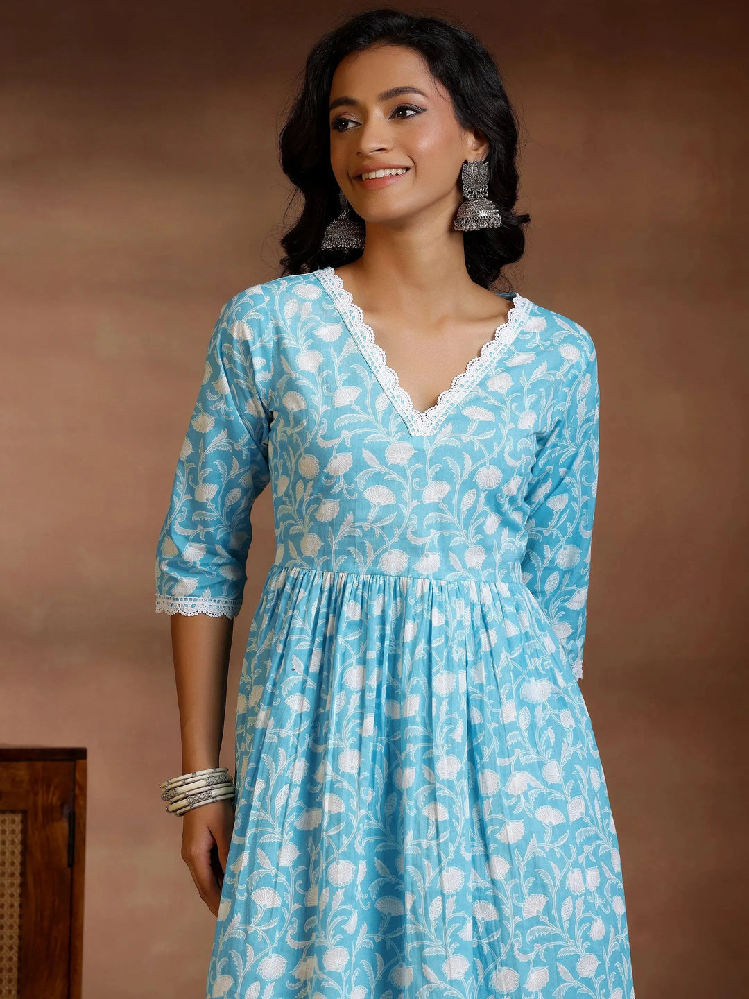  Blue Printed Cotton Fit and Flare Dress 