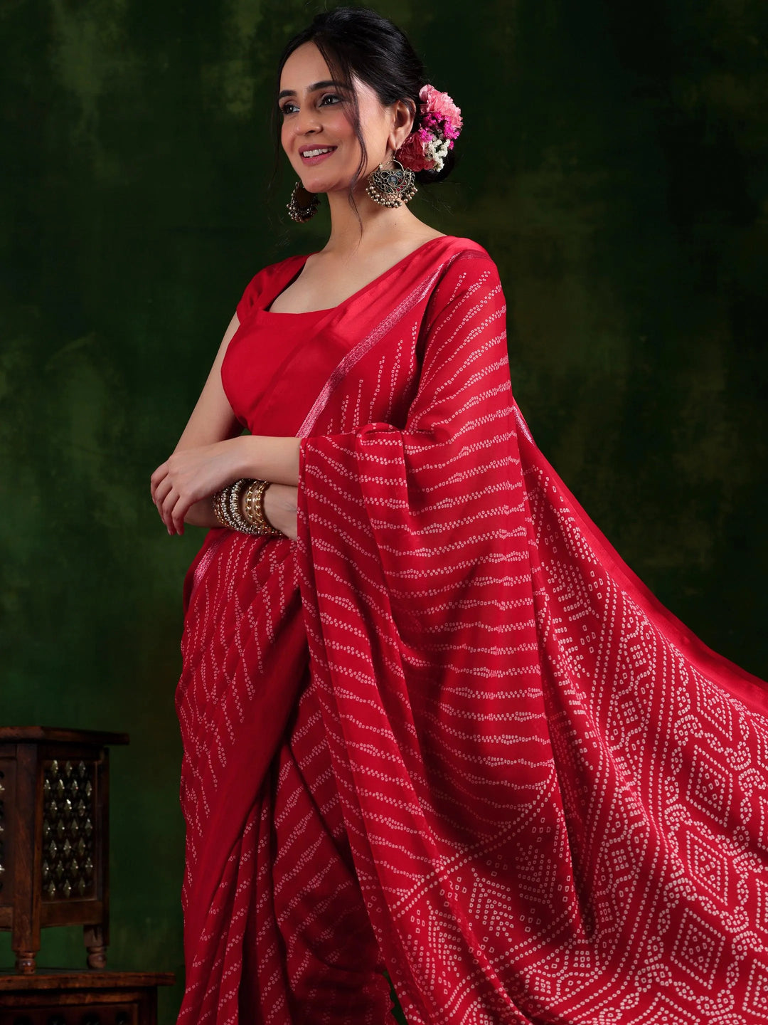 Red Printed Satin Saree With Unstitched Blouse Piece - Libas 