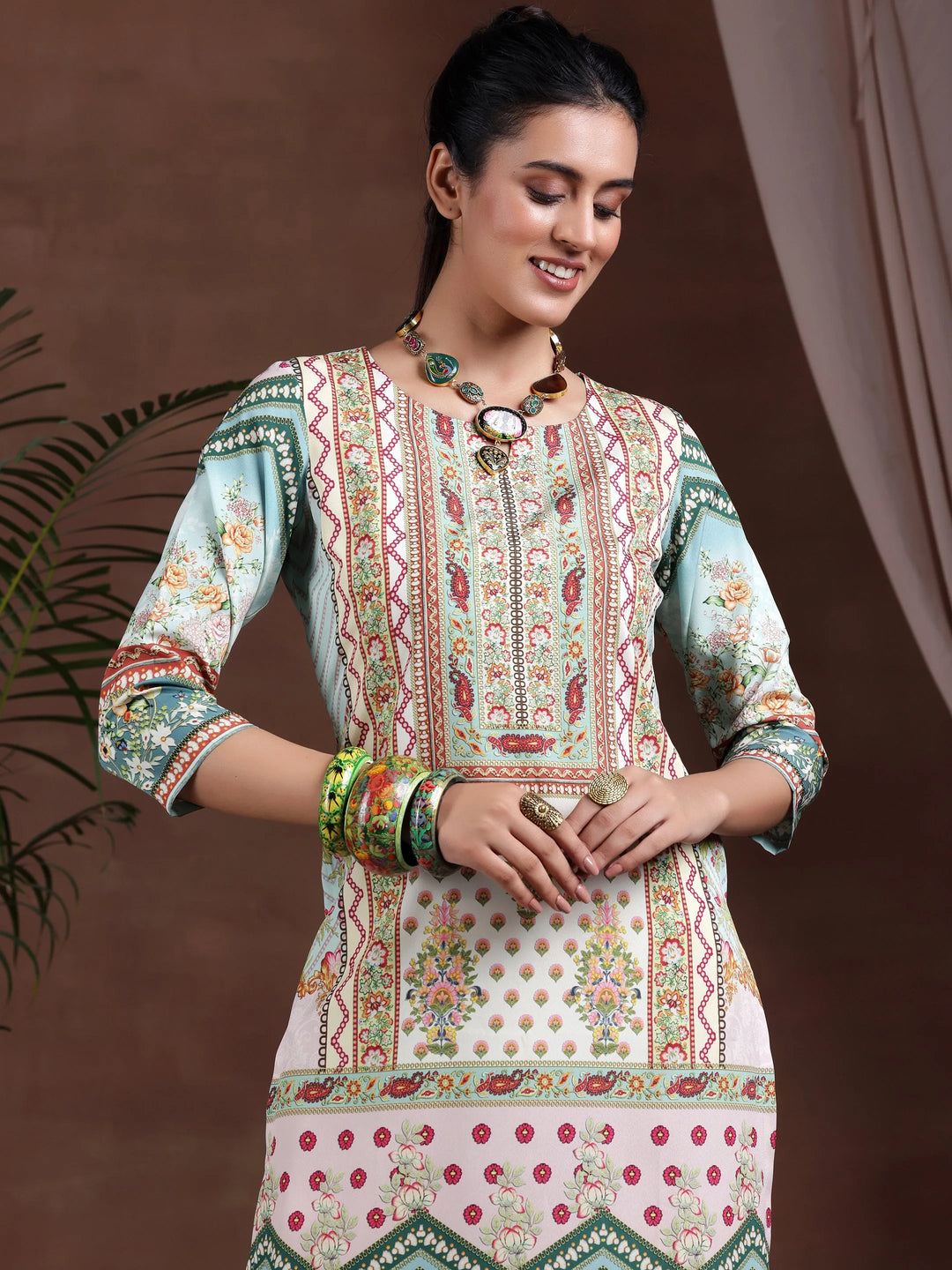  Sea Green Printed Crepe Straight Kurta 