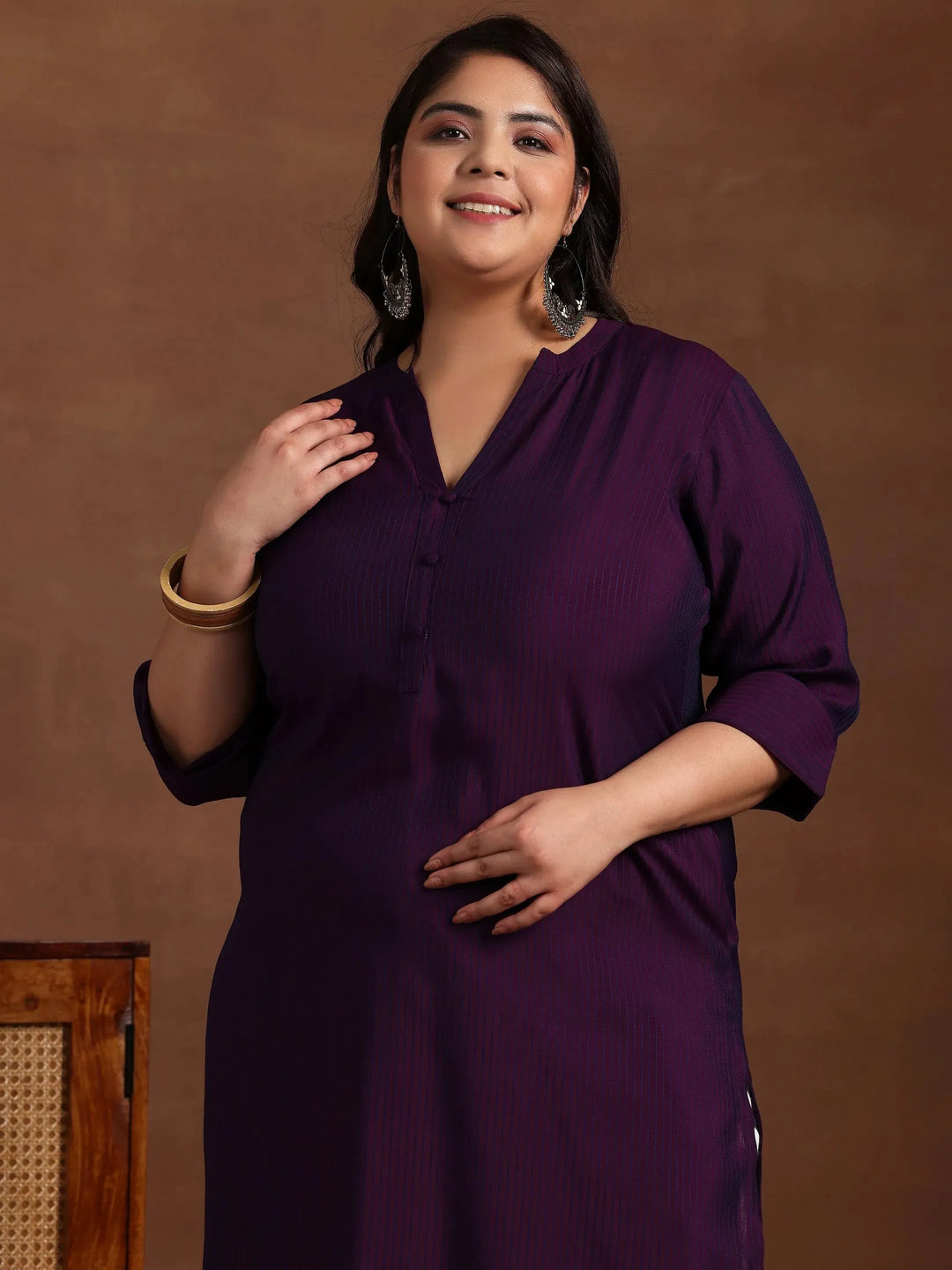  Plus Size Purple Woven Design Silk Straight Kurta 