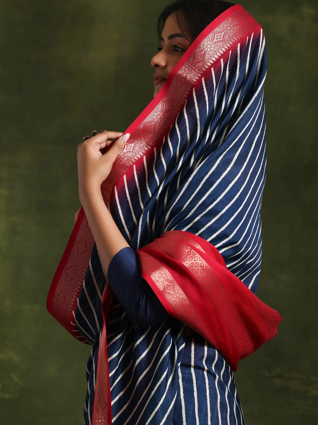 Blue Printed Silk Blend Saree With Unstitched Blouse Piece - Libas 