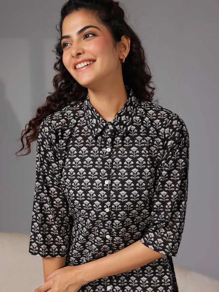 Black Printed Cotton Night Suits - Libas
