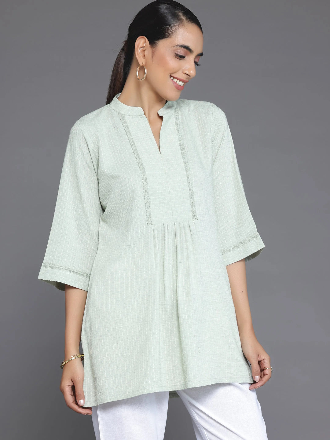  Green Woven Design Cotton Blend Straight Kurti 