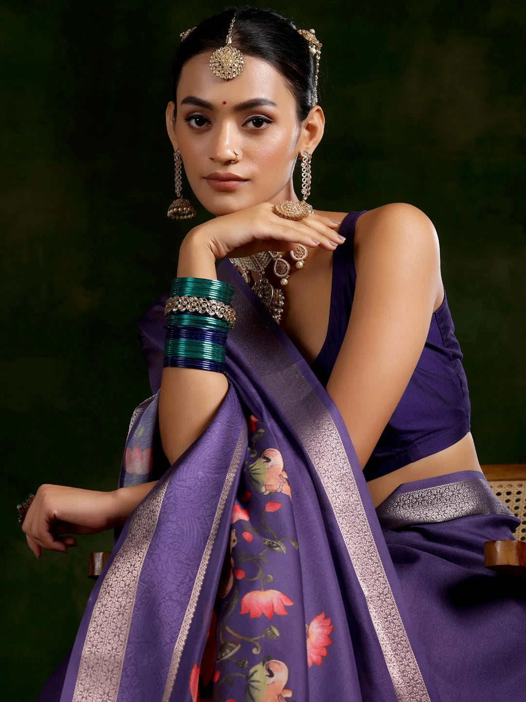  Purple Printed Silk Blend Saree With Unstitched Blouse Piece 