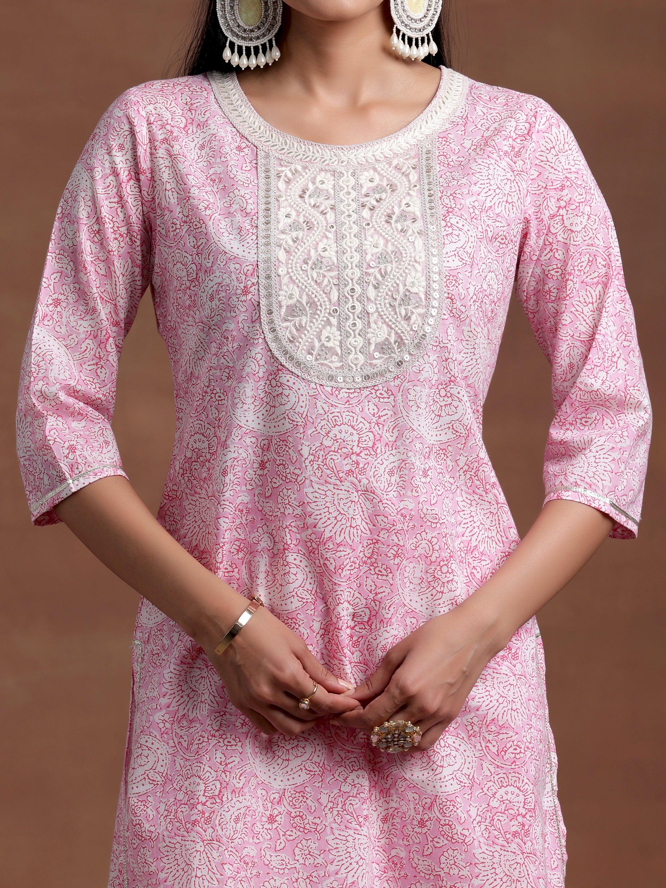 Pink Yoke Design Cotton Straight Suit With Dupatta