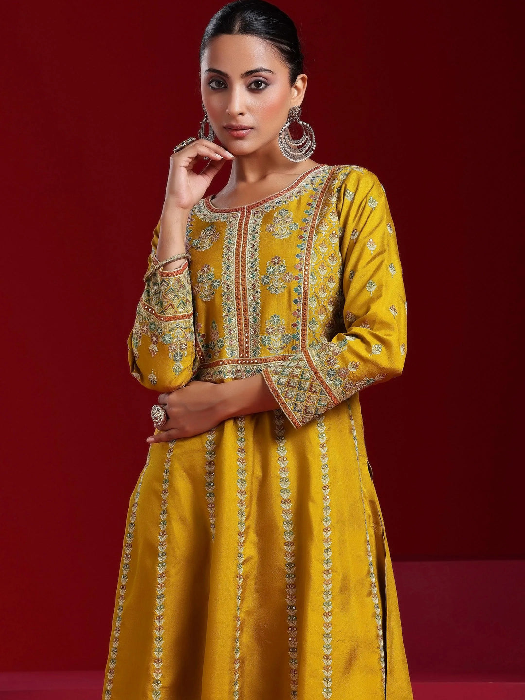 Libas Art Mustard Embroidered Silk Blend A-Line Kurta With Sharara & Dupatta - Libas 