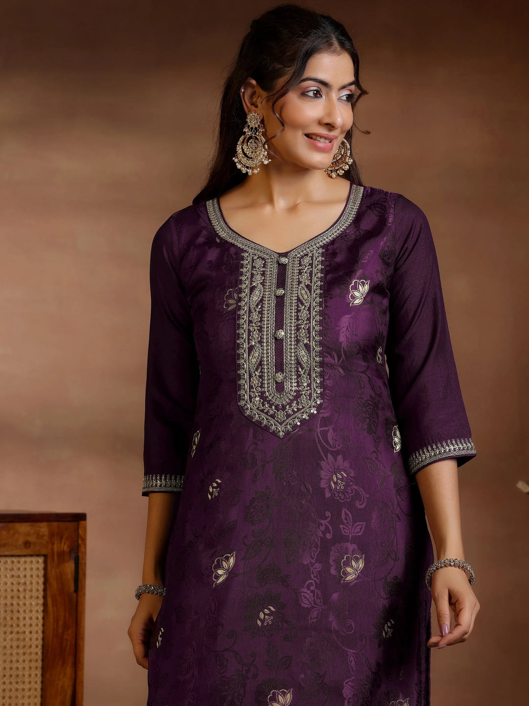  Wine Woven Design Silk Blend Straight Suit With Dupatta 