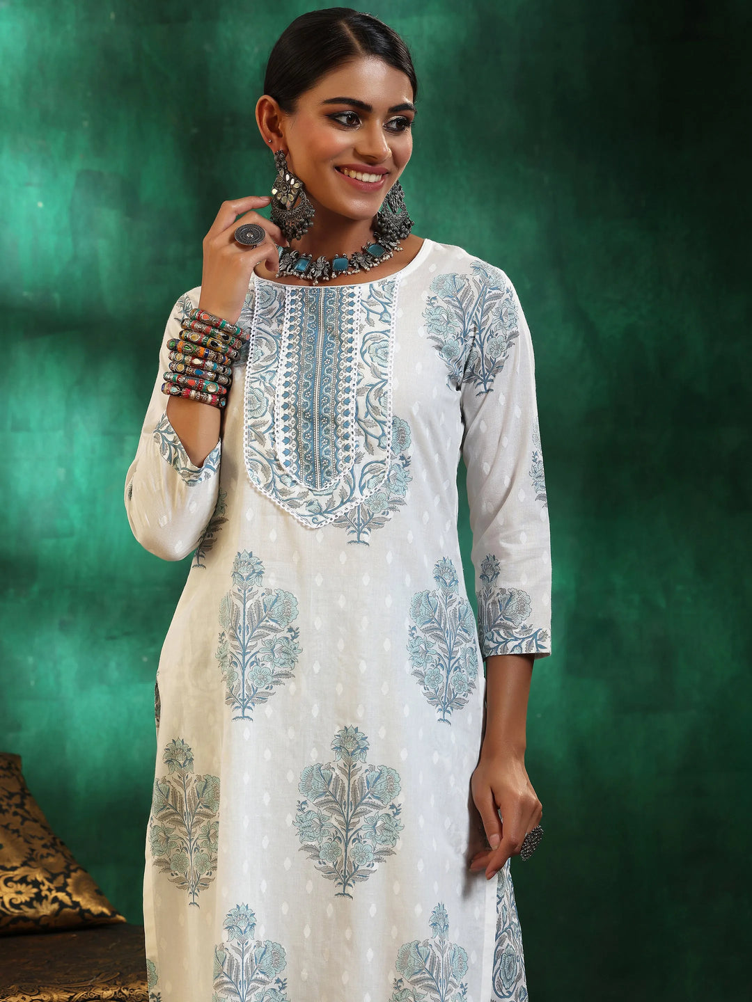  Off White Printed Cotton Straight Suit With Dupatta 