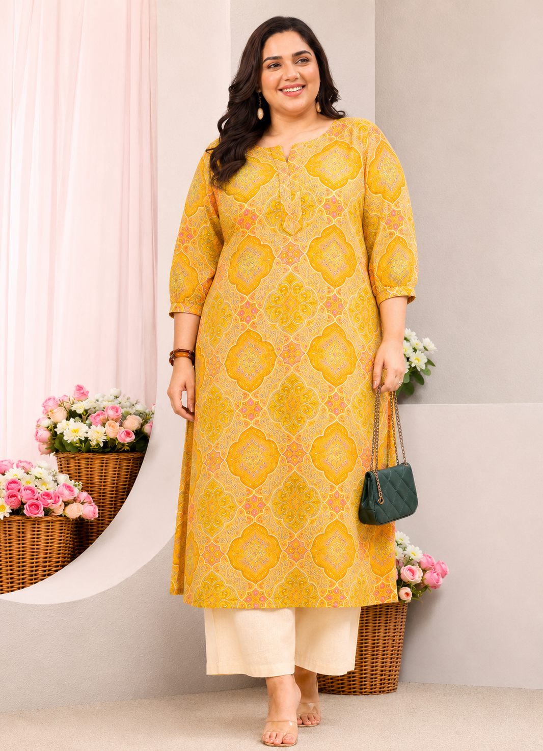  Plus Size Yellow Motif Printed Silk Blend Straight Kurta 