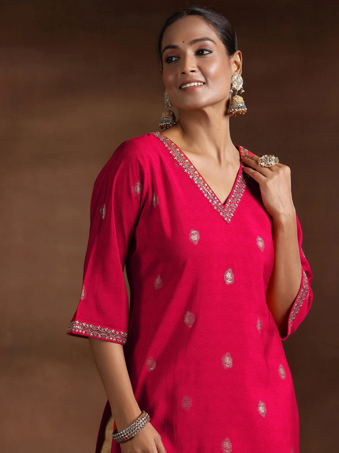  Red Printed Silk Straight Kurta 