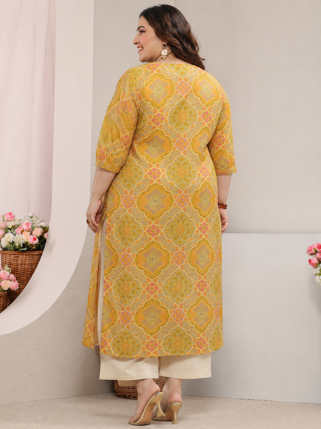  Plus Size Yellow Motif Printed Silk Blend Straight Kurta 