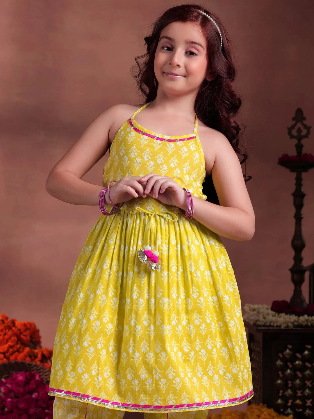  Kids Lime Green Printed Cotton A-Line Kurti With Salwar 