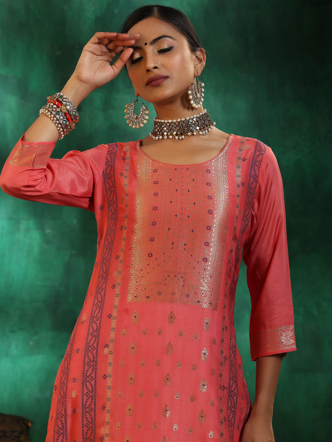  Peach Woven Design Silk Blend Straight Suit With Dupatta 