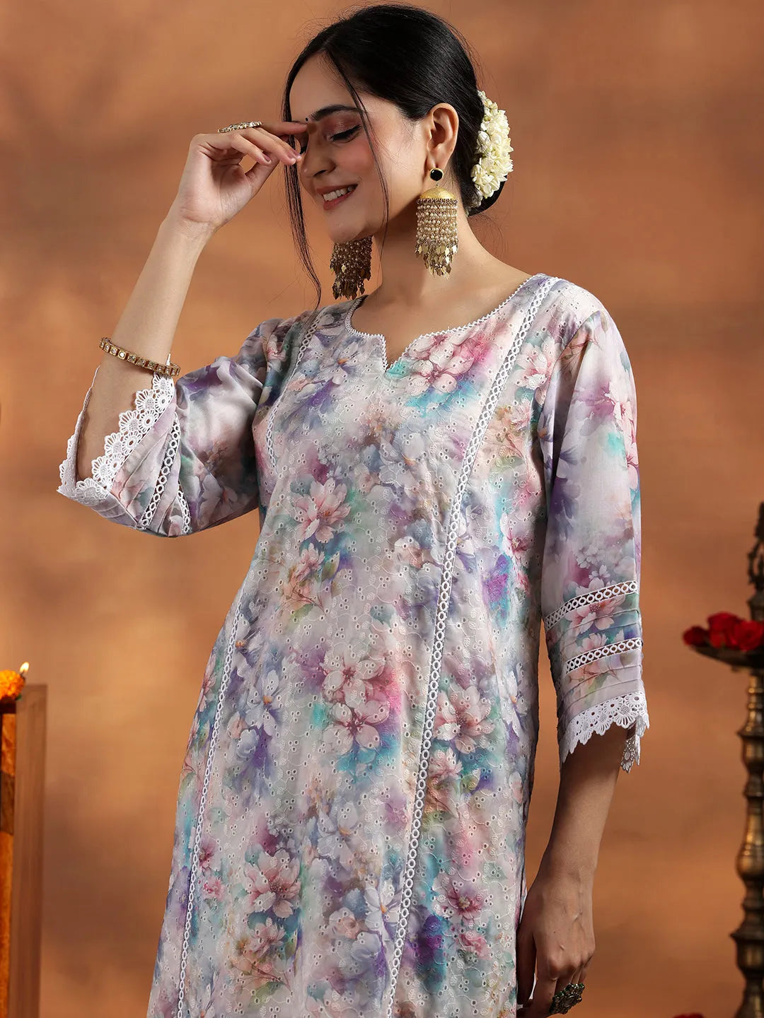  Multi Printed Cotton A-Line Kurta With Palazzos 