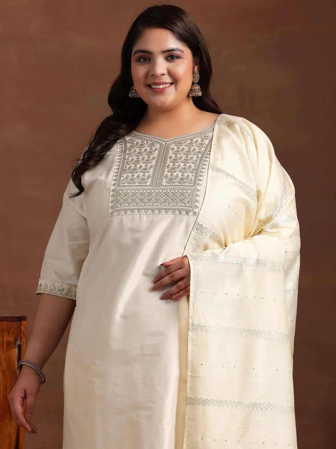 Plus Size Off White Yoke Design Silk Blend Straight Suit With Dupatta - Libas 