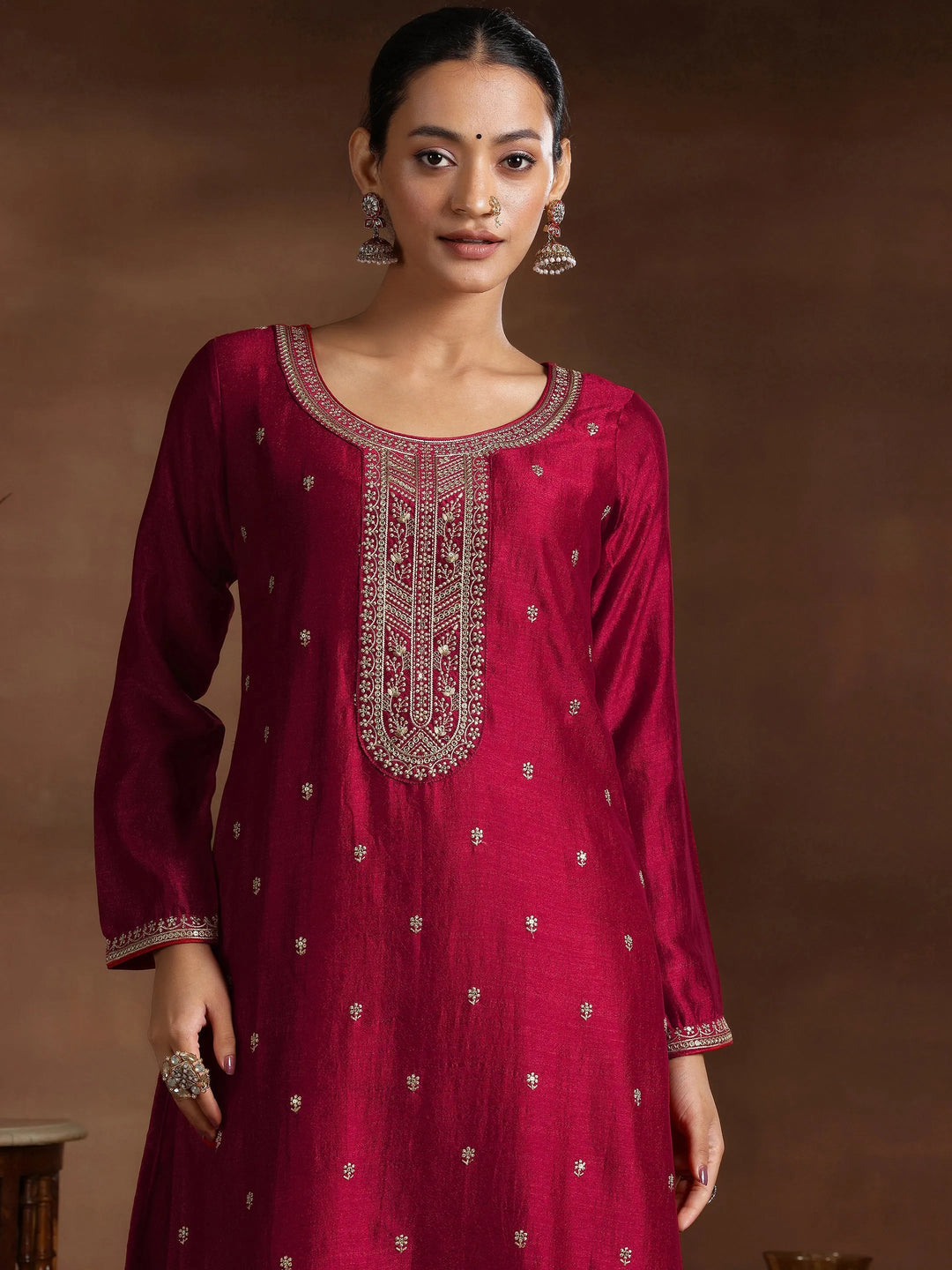  Red Embroidered Silk Blend Straight Suit With Dupatta 