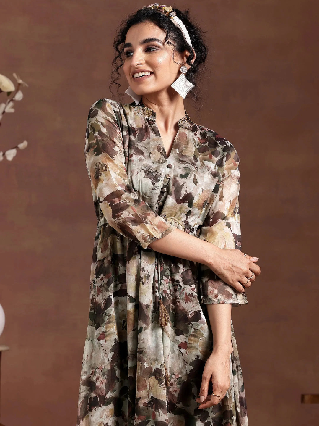  Green Printed Chiffon A-Line Dress With Belt 