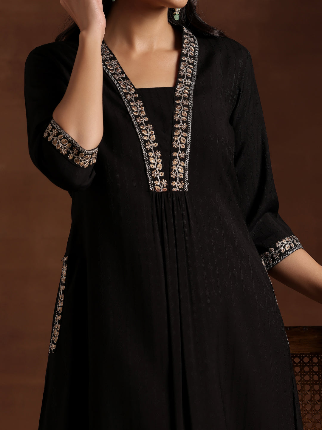  Black Yoke Design Silk A-Line Kurta 