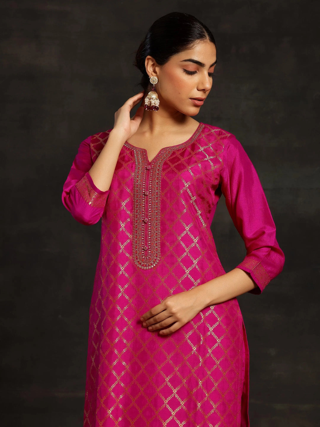 Pink Woven Design Silk Blend Straight Suit With Dupatta - Libas