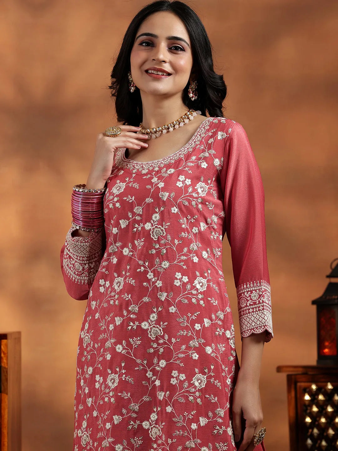  Coral Embroidered Silk Blend Straight Suit With Dupatta 