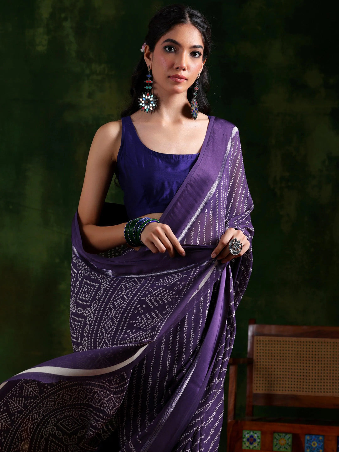 Purple Printed Satin Saree With Unstitched Blouse Piece - Libas 